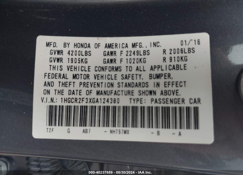 2016 HONDA ACCORD LX VIN: 1HGCR2F3XGA124380