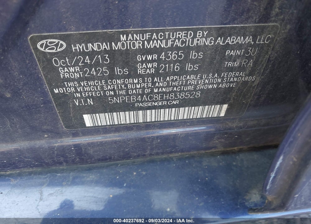 2014 HYUNDAI SONATA GLS VIN: 5NPEB4AC8EH838528