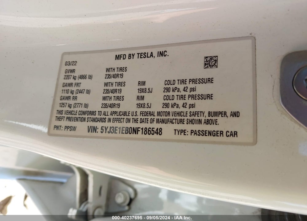 2022 TESLA MODEL 3 LONG RANGE DUAL MOTOR ALL-WHEEL DRIVE VIN: 5YJ3E1EB0NF186548