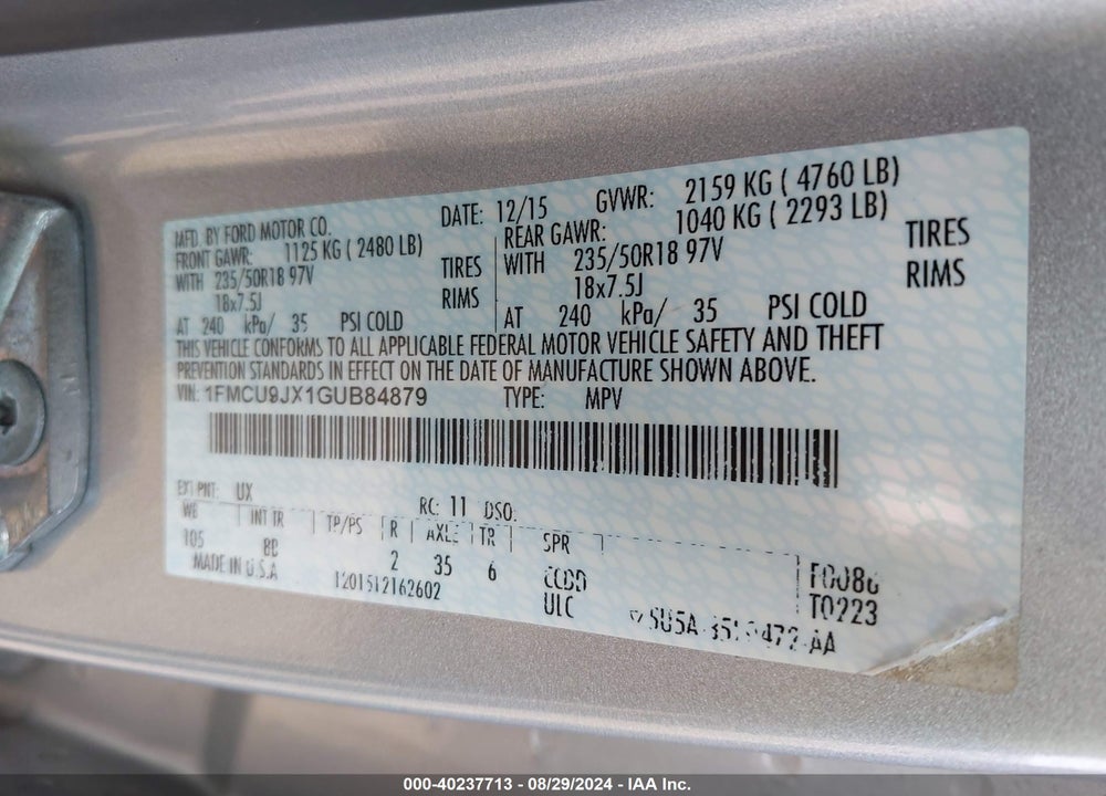 2016 FORD ESCAPE TITANIUM VIN: 1FMCU9JX1GUB84879