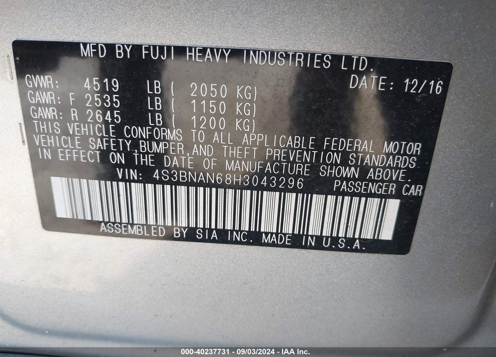 2017 SUBARU LEGACY 2.5I LIMITED VIN: 4S3BNAN68H3043296