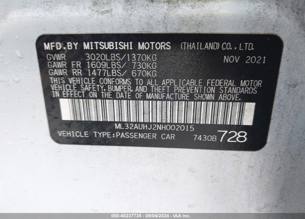 2022 MITSUBISHI MIRAGE ES/LE VIN: ML32AUHJ2NH002015