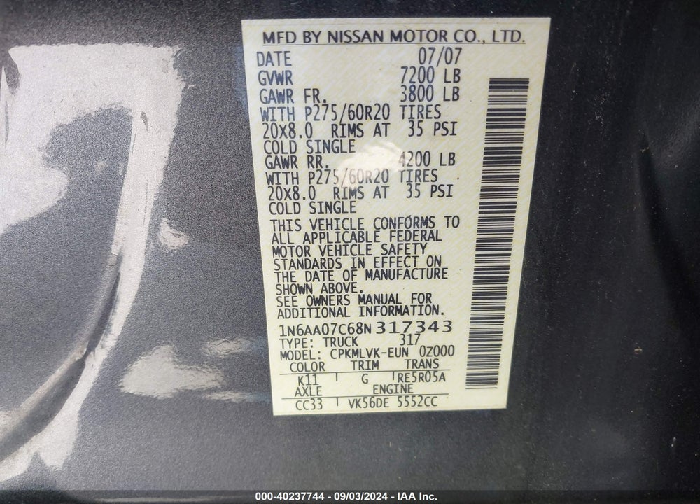 2008 NISSAN TITAN LE VIN: 1N6AA07C68N317343