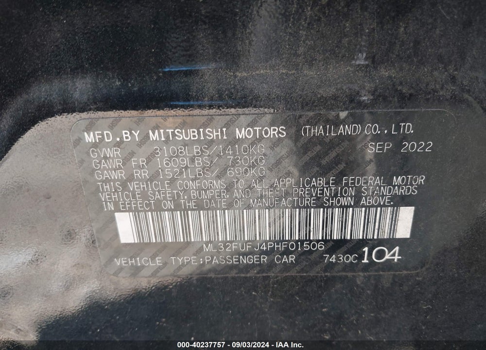 2023 MITSUBISHI MIRAGE G4 BLACK EDITION/ES/LE VIN: ML32FUFJ4PHF01506