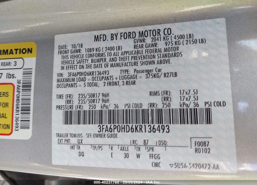 2019 FORD FUSION SE VIN: 3FA6P0HD6KR136493