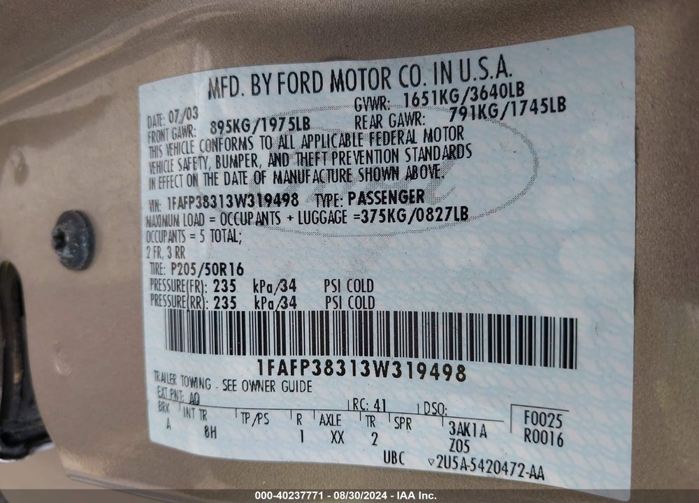2003 FORD FOCUS ZTS VIN: 1FAFP38313W319498