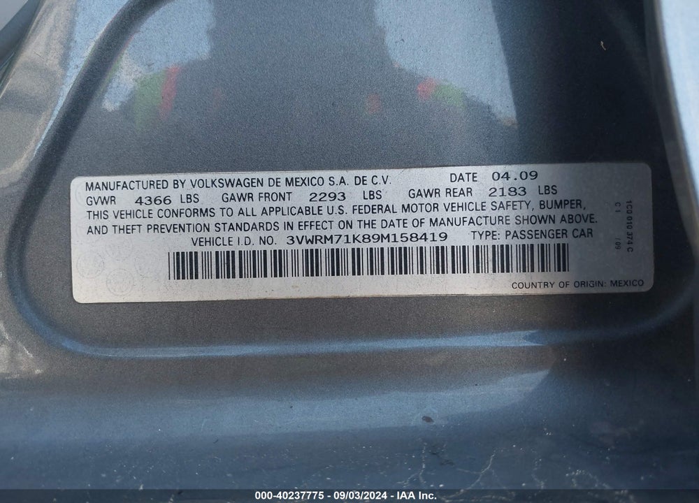2009 VOLKSWAGEN JETTA VIN: 3VWRM71K89M158419