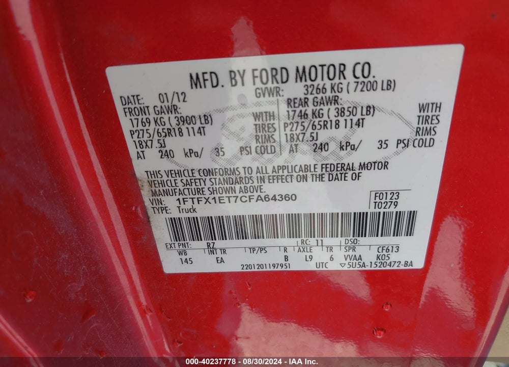 2012 FORD F-150 LARIAT VIN: 1FTFX1ET7CFA64360
