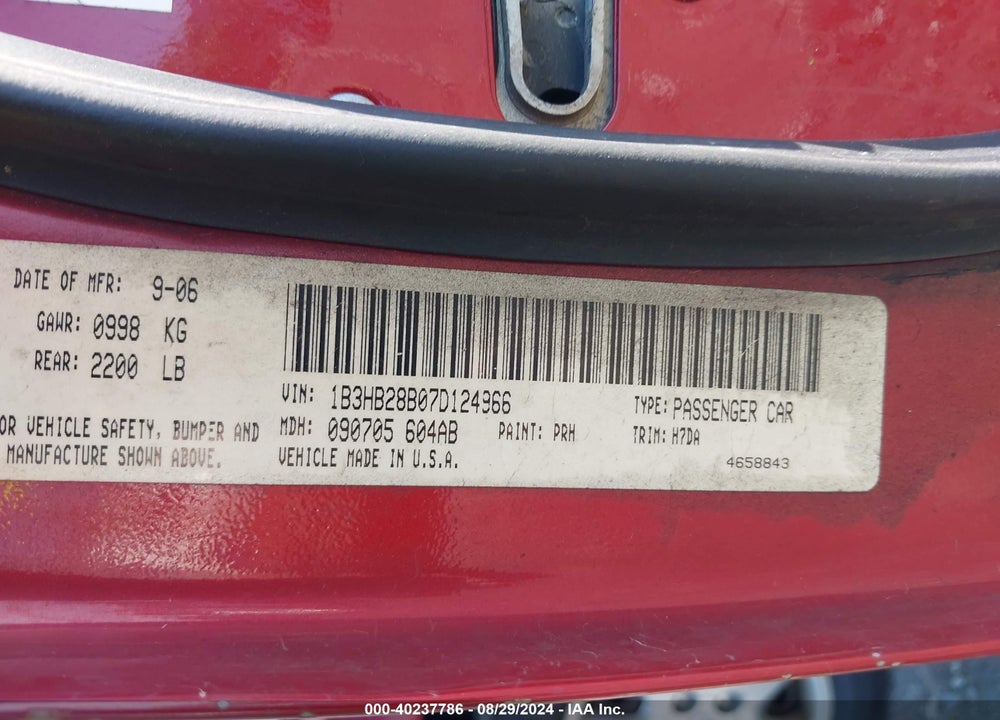 2007 DODGE CALIBER VIN: 1B3HB28B07D124966