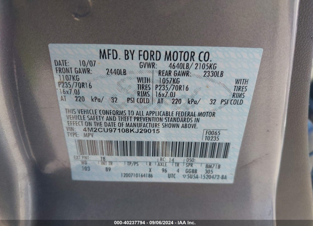 2008 MERCURY MARINER PREMIER VIN: 4M2CU97108KJ29015