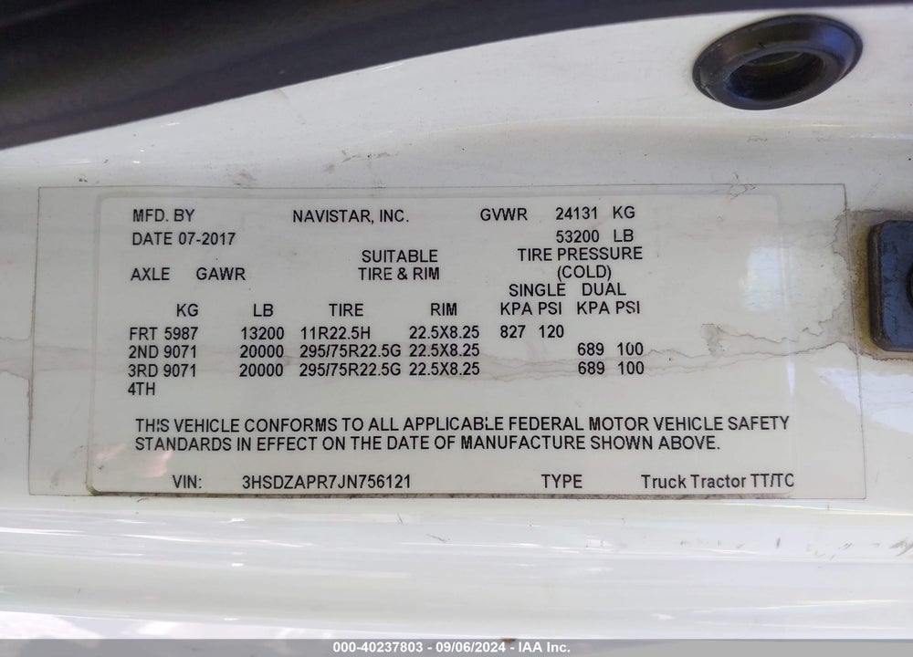 2018 INTERNATIONAL LT VIN: 3HSDZAPR7JN756121