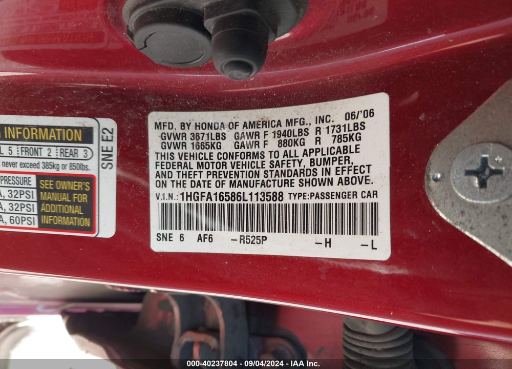 2006 HONDA CIVIC LX VIN: 1HGFA16586L113588