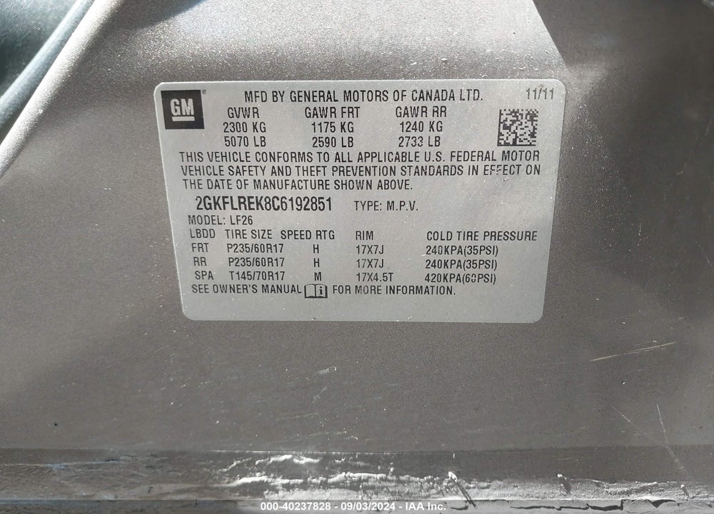 2012 GMC TERRAIN SLE-1 VIN: 2GKFLREK8C6192851