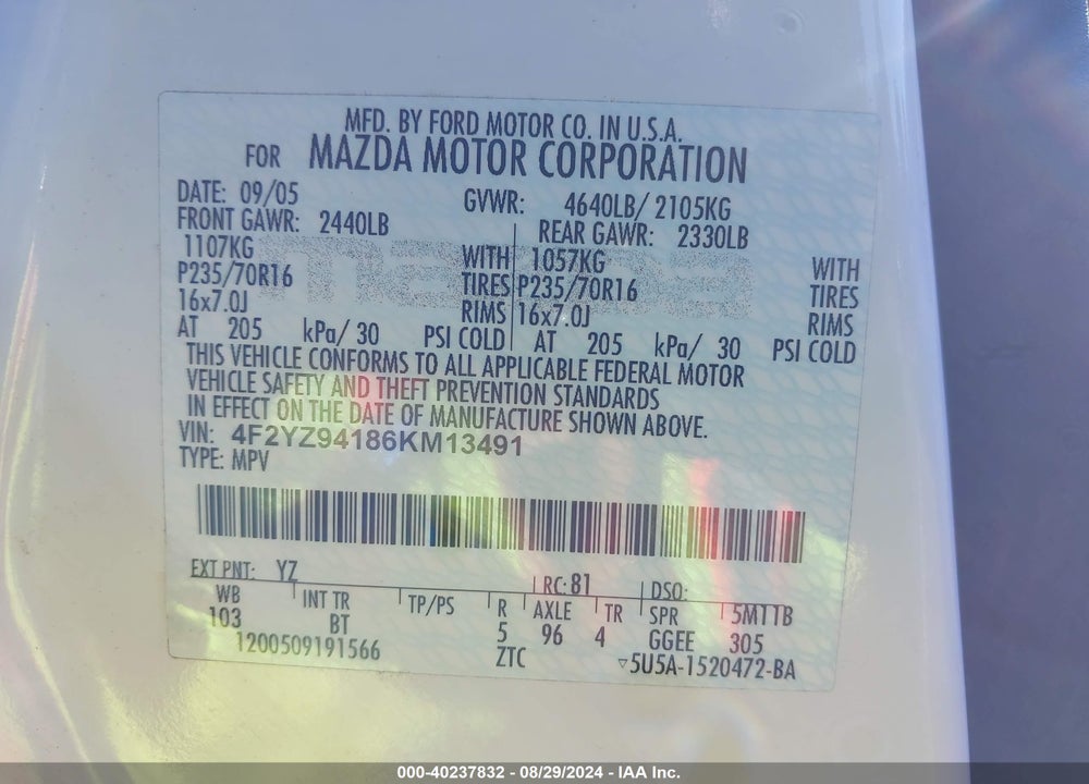 2006 MAZDA TRIBUTE S VIN: 4F2YZ94186KM13491