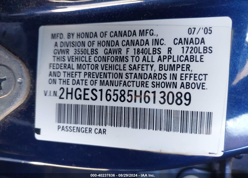 2005 HONDA CIVIC LX VIN: 2HGES16585H613089