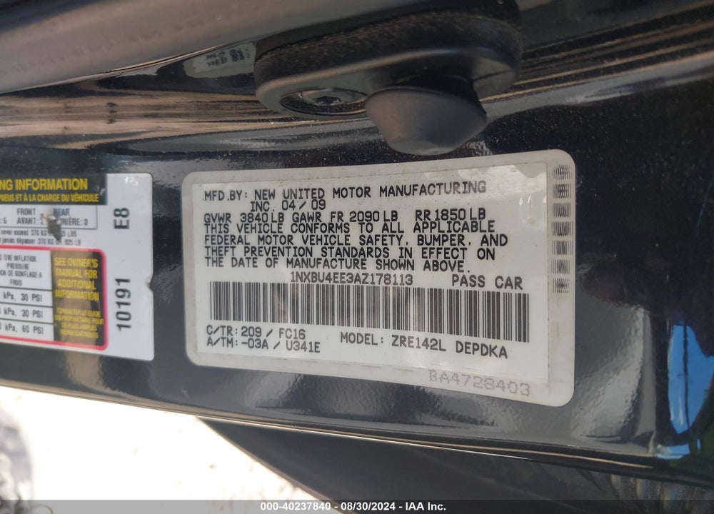 2010 TOYOTA COROLLA LE VIN: 1NXBU4EE3AZ178113