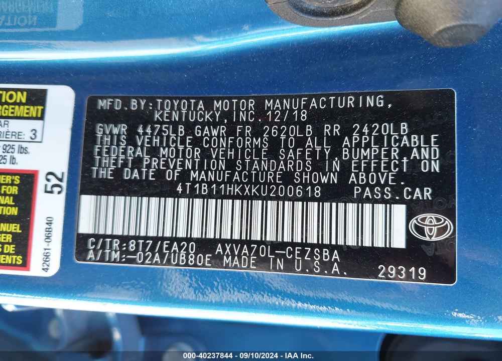 2019 TOYOTA CAMRY SE VIN: 4T1B11HKXKU200618