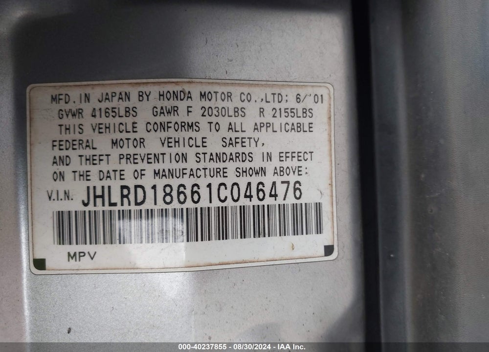 2001 HONDA CR-V EX VIN: JHLRD18661C046476
