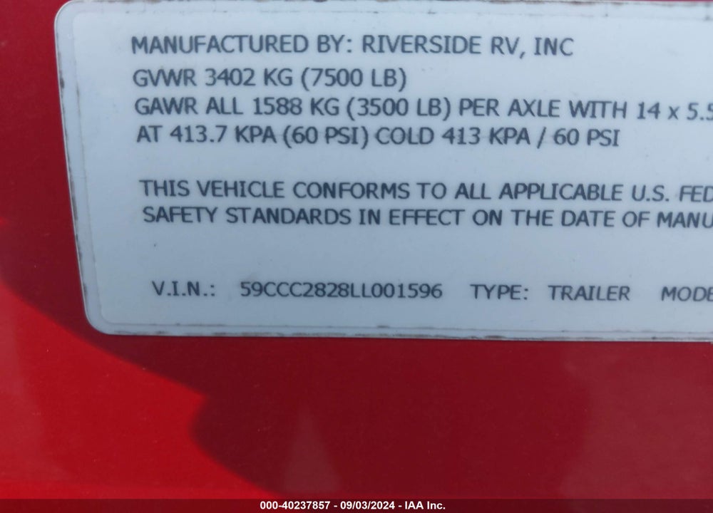 2020 RIVERSIDE RETRO VIN: 59CCC2828LL001596