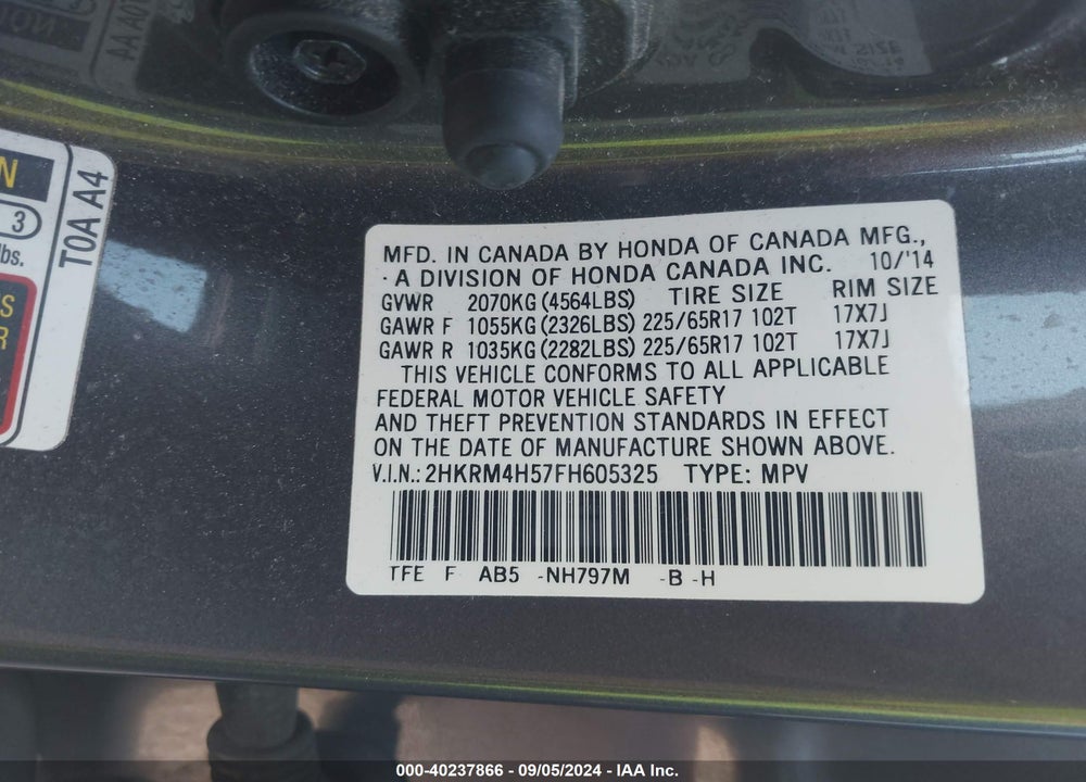 2015 HONDA CR-V EX VIN: 2HKRM4H57FH605325
