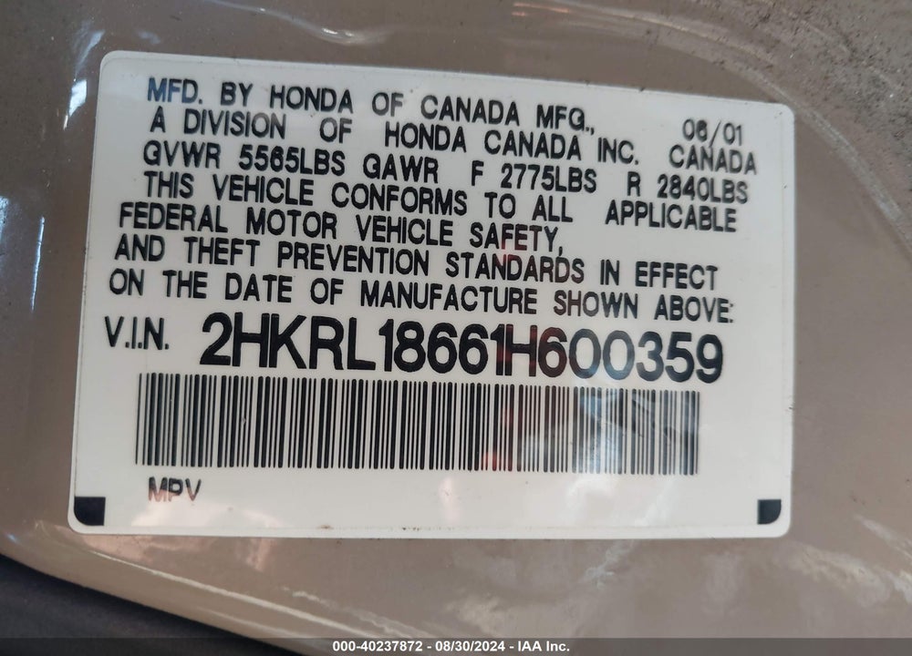 2001 HONDA ODYSSEY EX VIN: 2HKRL18661H600359