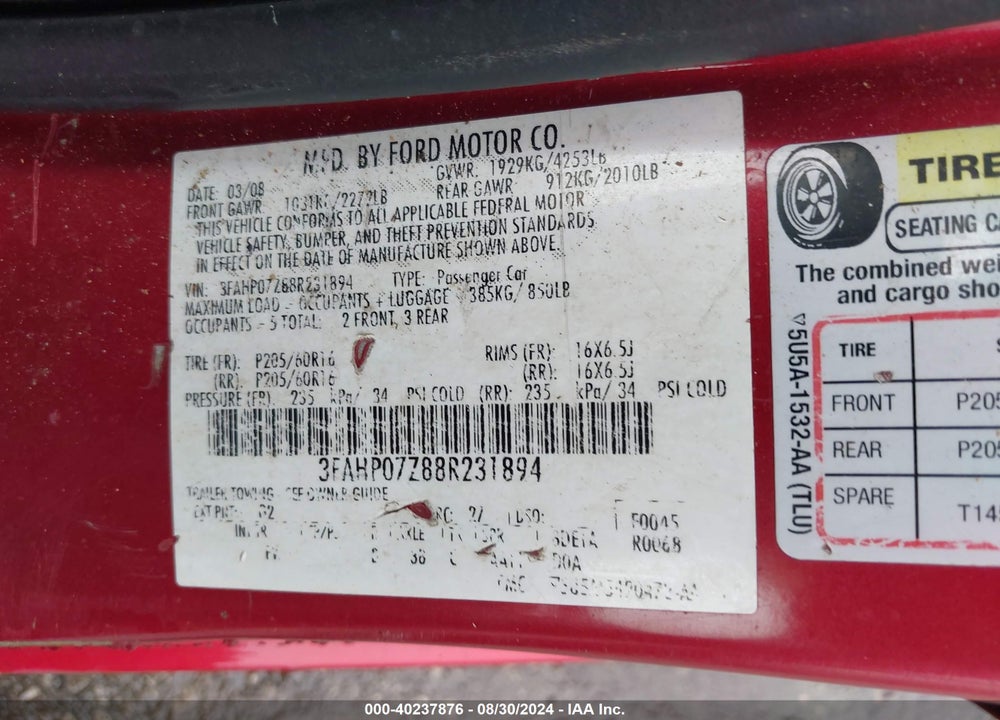 2008 FORD FUSION SE VIN: 3FAHP07Z88R231894