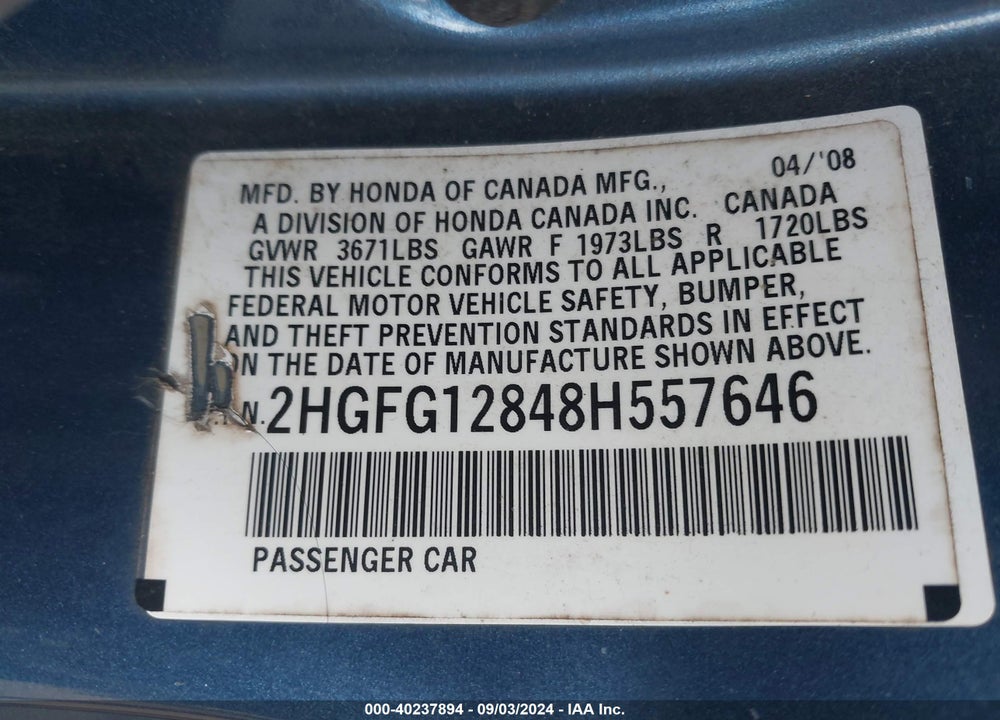 2008 HONDA CIVIC EX VIN: 2HGFG12848H557646