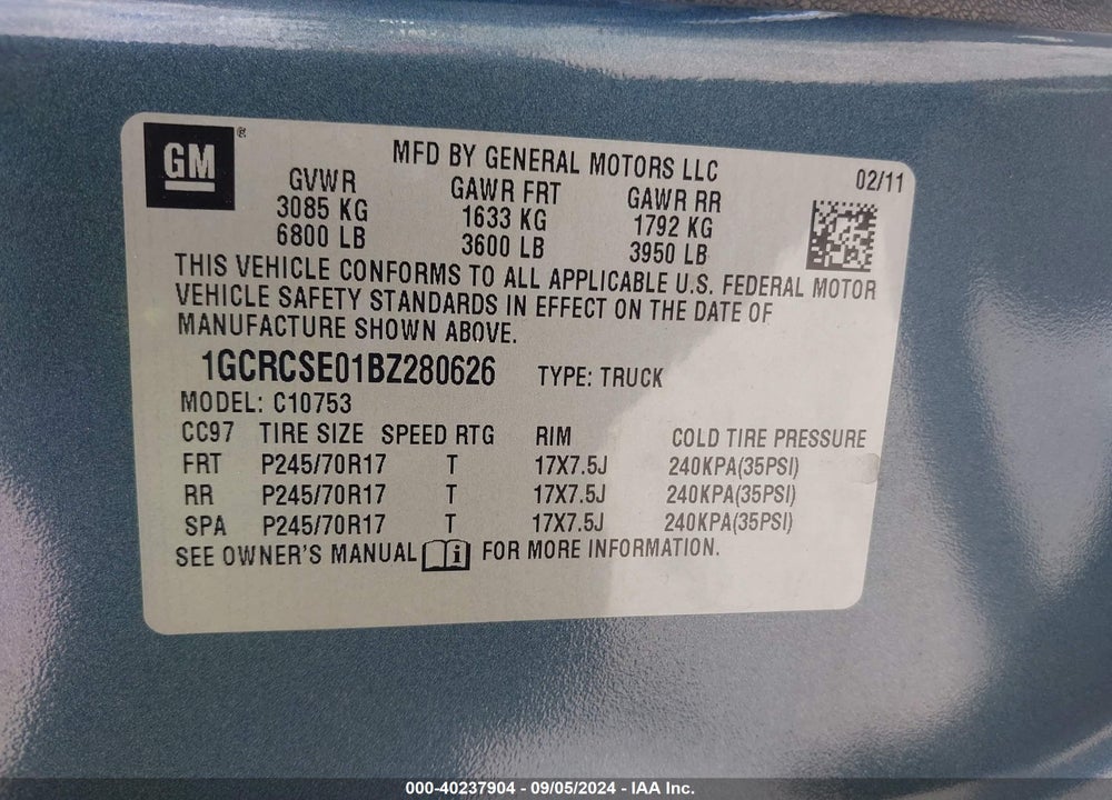 2011 CHEVROLET SILVERADO 1500 LT VIN: 1GCRCSE01BZ280626