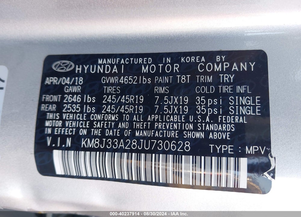 2018 HYUNDAI TUCSON LIMITED VIN: KM8J33A28JU730628