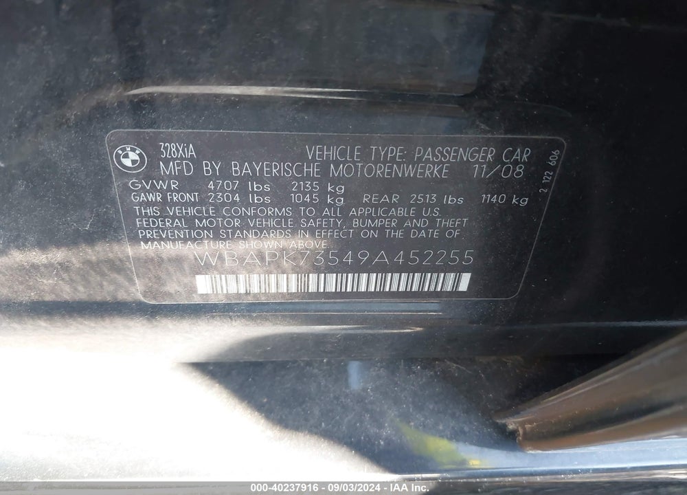 2009 BMW 328I XDRIVE VIN: WBAPK73549A452255