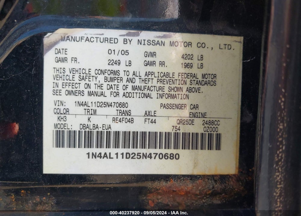 2005 NISSAN ALTIMA 2.5 S VIN: 1N4AL11D25N470680