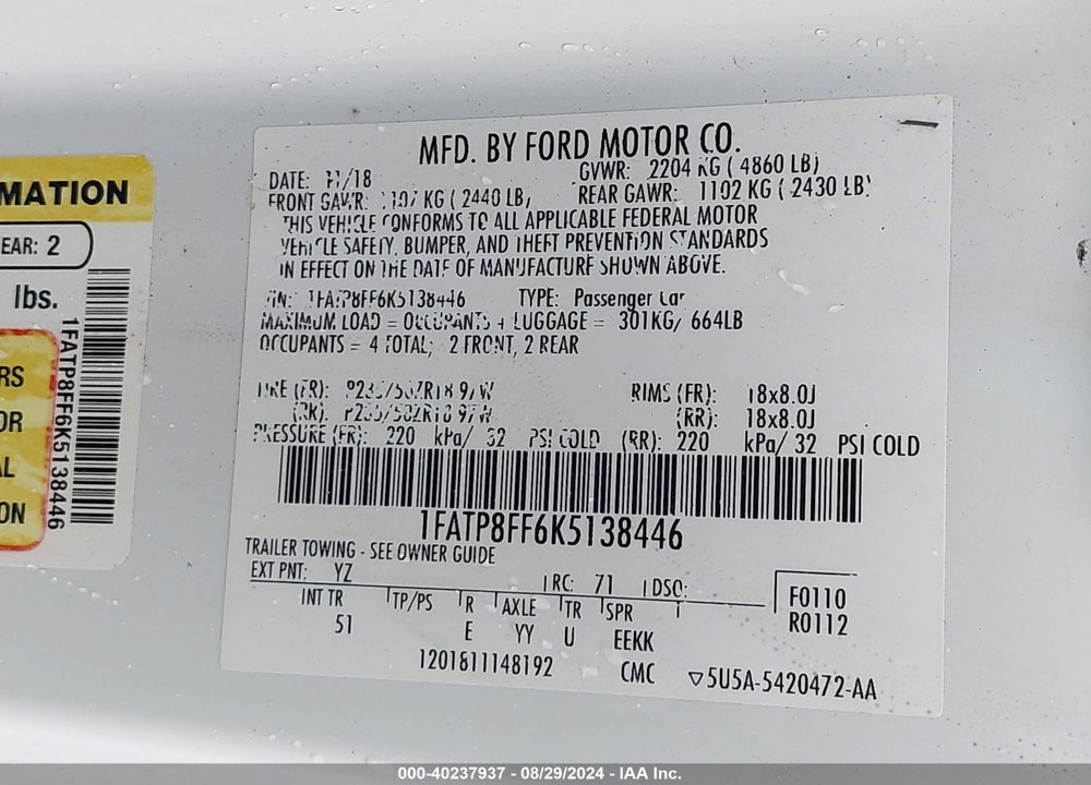 2019 FORD MUSTANG GT PREMIUM VIN: 1FATP8FF6K5138446