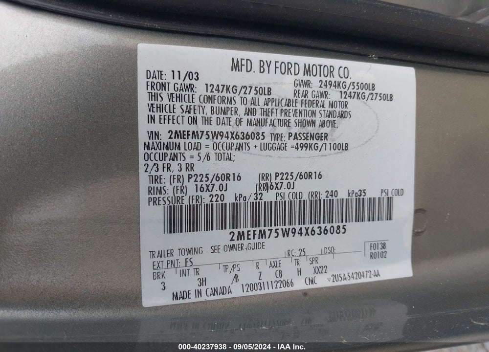 2004 MERCURY GRAND MARQUIS LS VIN: 2MEFM75W94X636085
