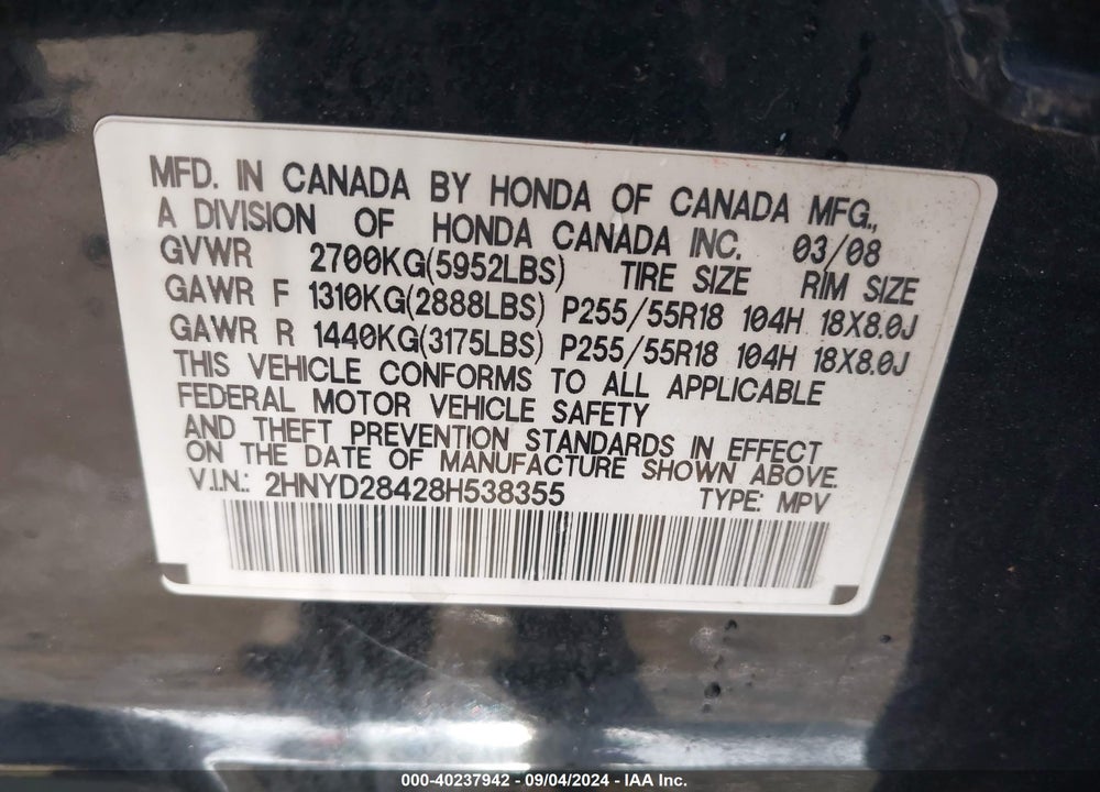 2008 ACURA MDX TECHNOLOGY PACKAGE VIN: 2HNYD28428H538355