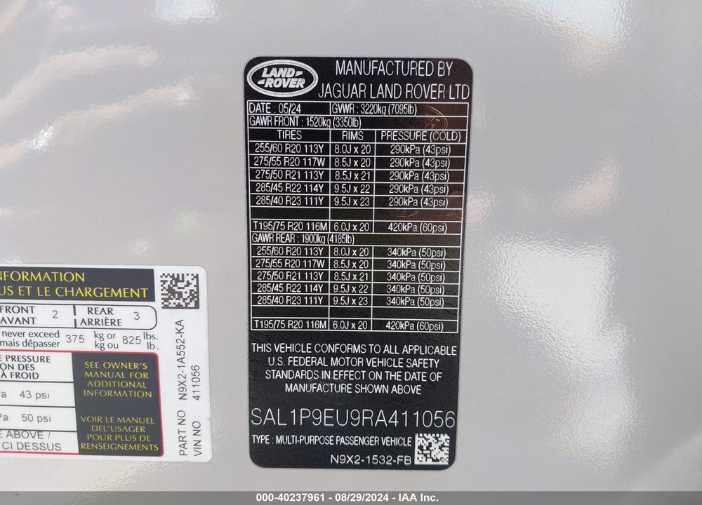 2024 LAND ROVER RANGE ROVER SPORT SE VIN: SAL1P9EU9RA411056