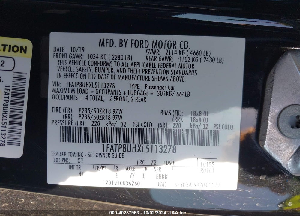 2020 FORD MUSTANG ECOBOOST PREMIUM VIN: 1FATP8UHXL5113278