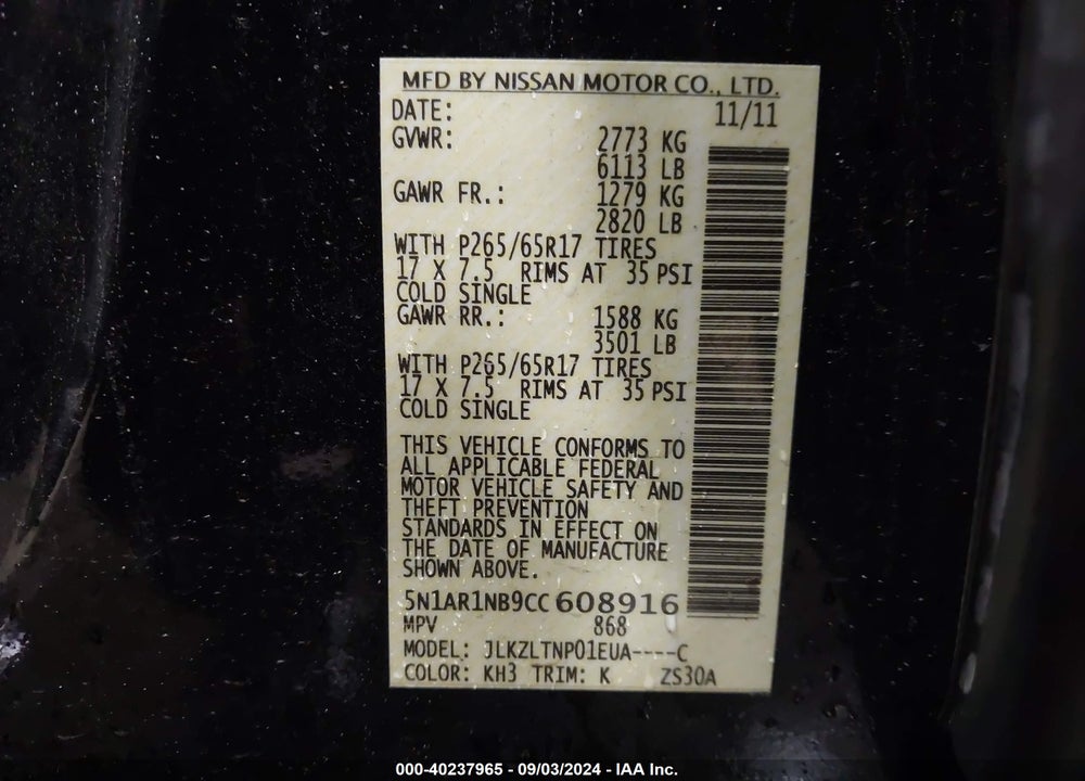 2012 NISSAN PATHFINDER SV VIN: 5N1AR1NB9CC608916