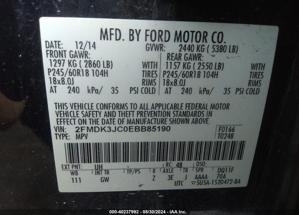 2014 FORD EDGE SEL VIN: 2FMDK3JC0EBB85190