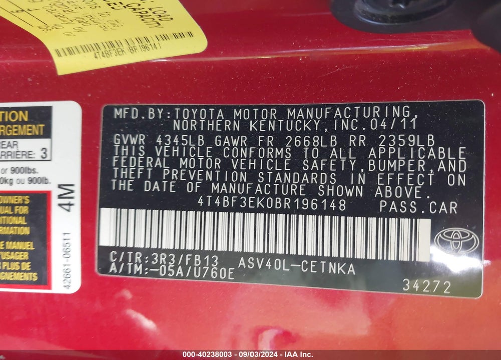 2011 TOYOTA CAMRY LE VIN: 4T4BF3EK0BR196148