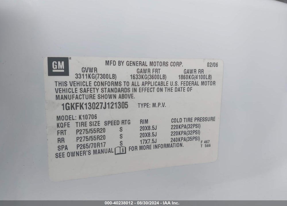 2007 GMC YUKON SLT VIN: 1GKFK13027J121305