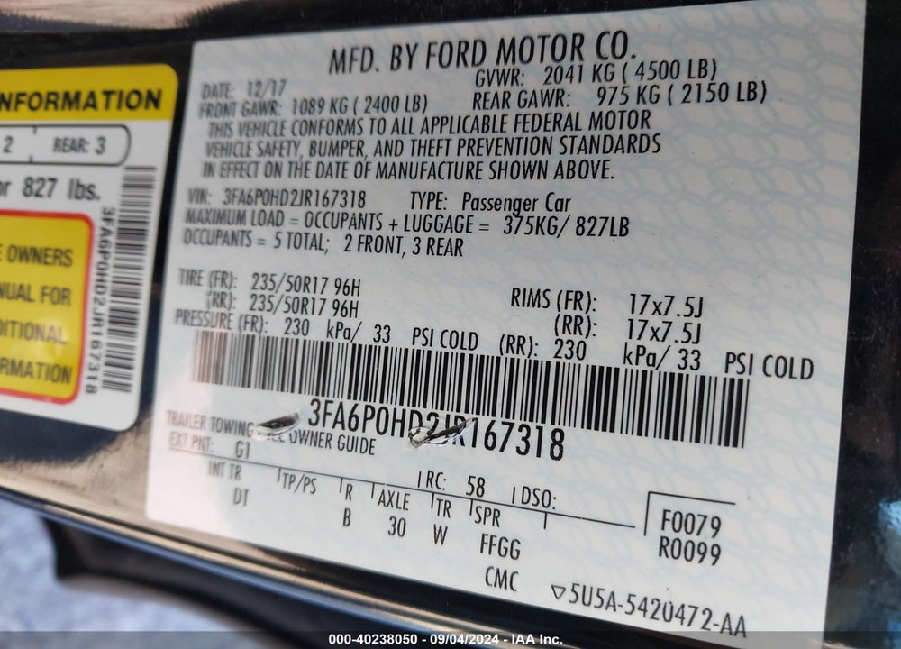 2018 FORD FUSION SE VIN: 3FA6P0HD2JR167318