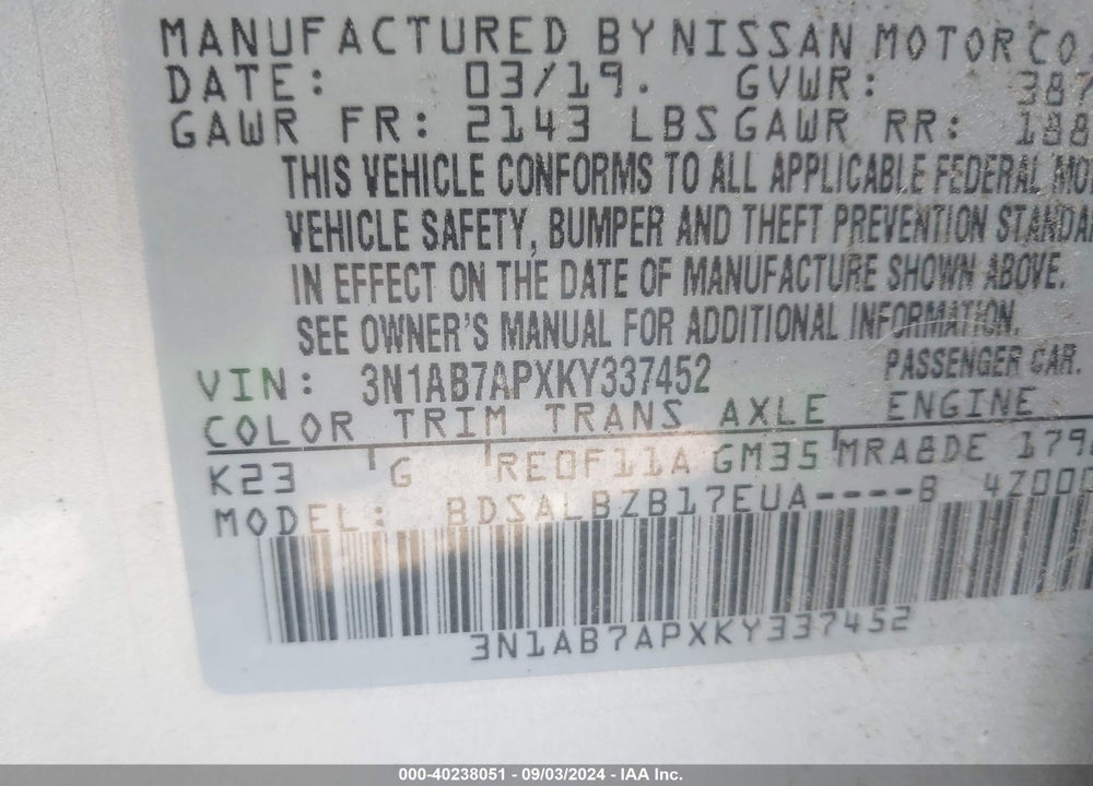2019 NISSAN SENTRA S VIN: 3N1AB7APXKY337452