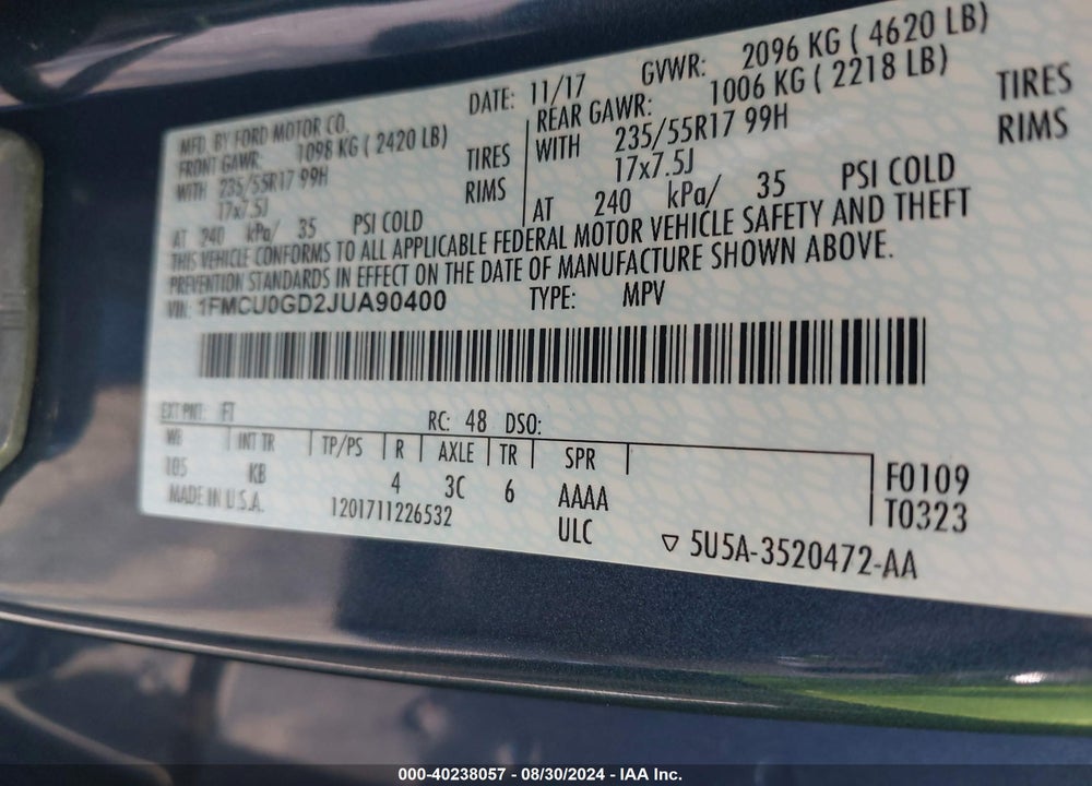 2018 FORD ESCAPE SE VIN: 1FMCU0GD2JUA90400