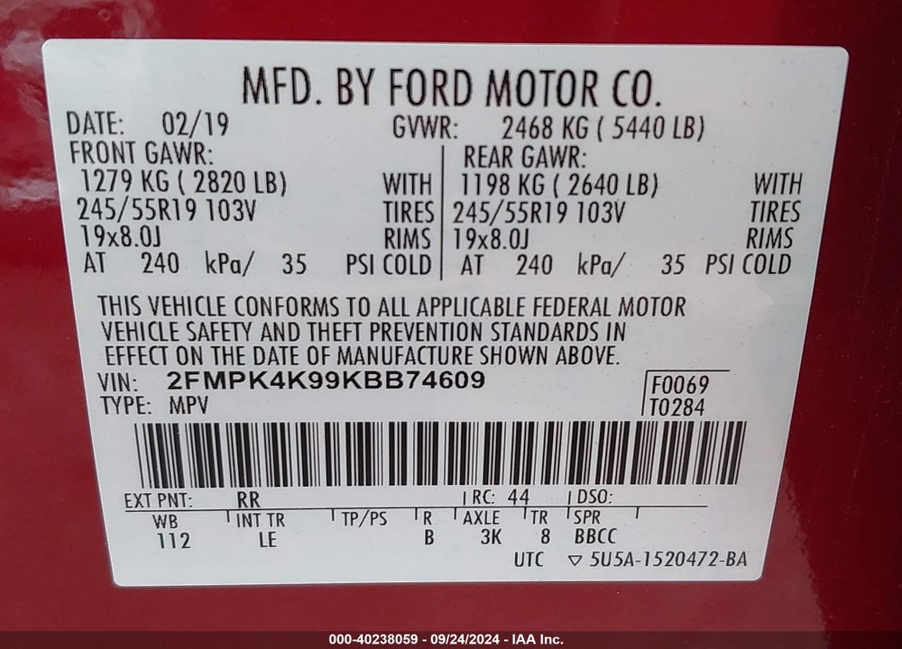 2019 FORD EDGE TITANIUM VIN: 2FMPK4K99KBB74609
