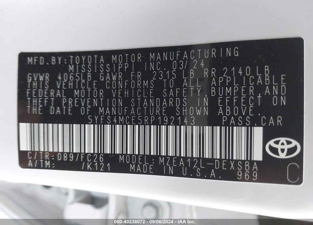 2024 TOYOTA COROLLA SE VIN: 5YFS4MCE5RP192143