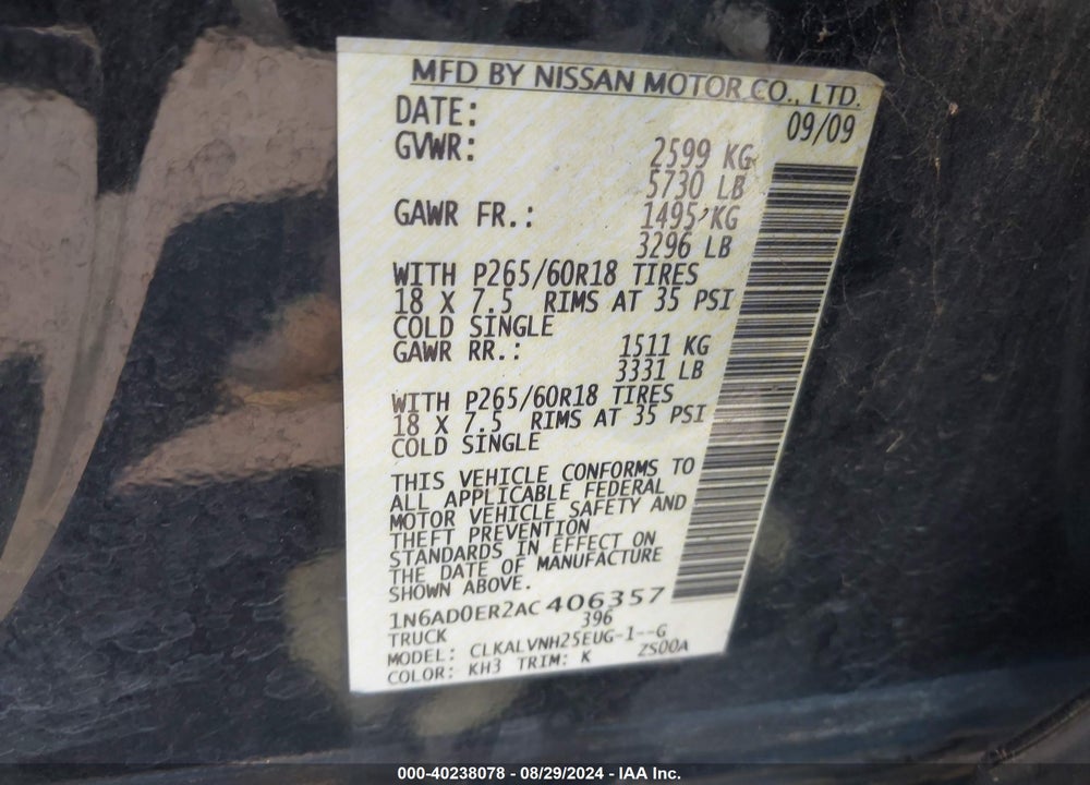 2010 NISSAN FRONTIER VIN: 1N6AD0ER2AC406357