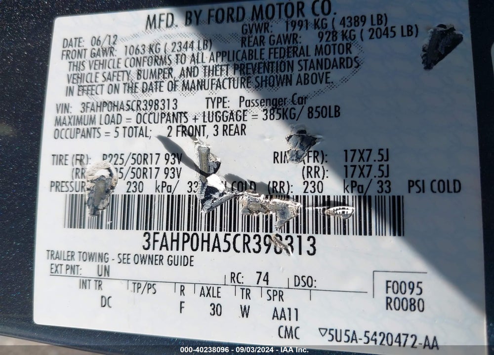 2012 FORD FUSION SE VIN: 3FAHP0HA5CR398313