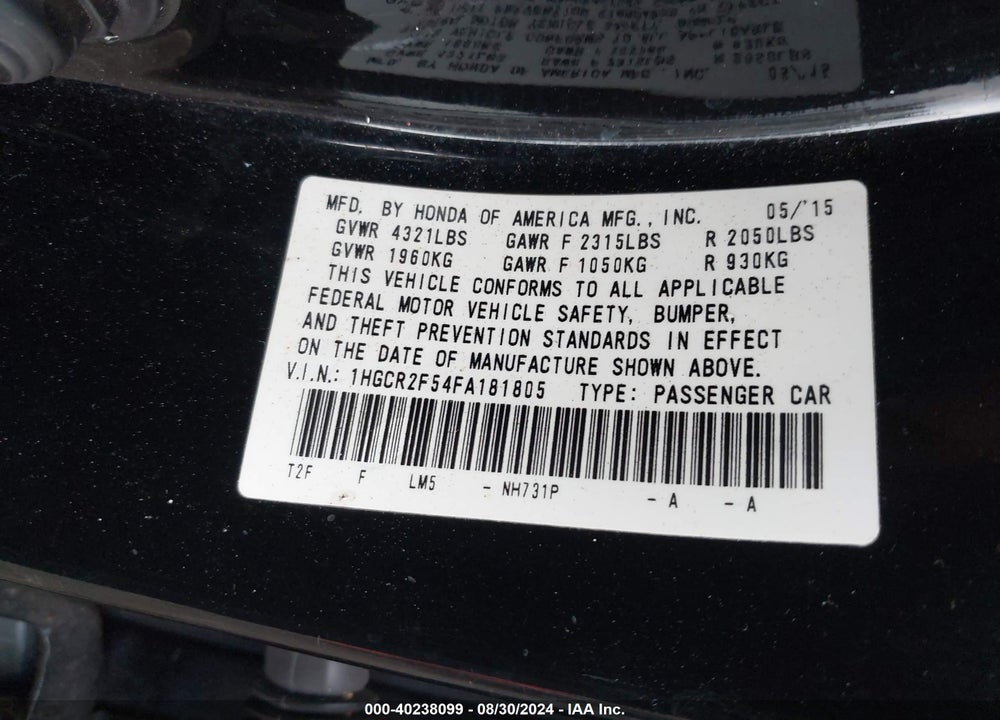 2015 HONDA ACCORD SPORT VIN: 1HGCR2F54FA181805