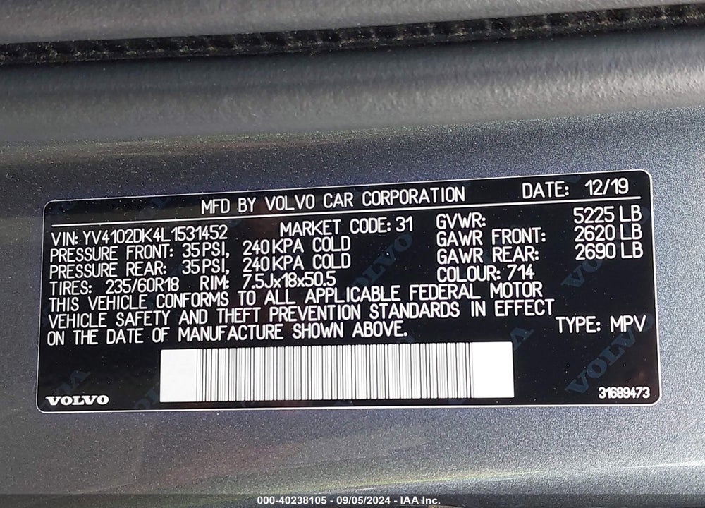 2020 VOLVO XC60 T5 MOMENTUM VIN: YV4102DK4L1531452