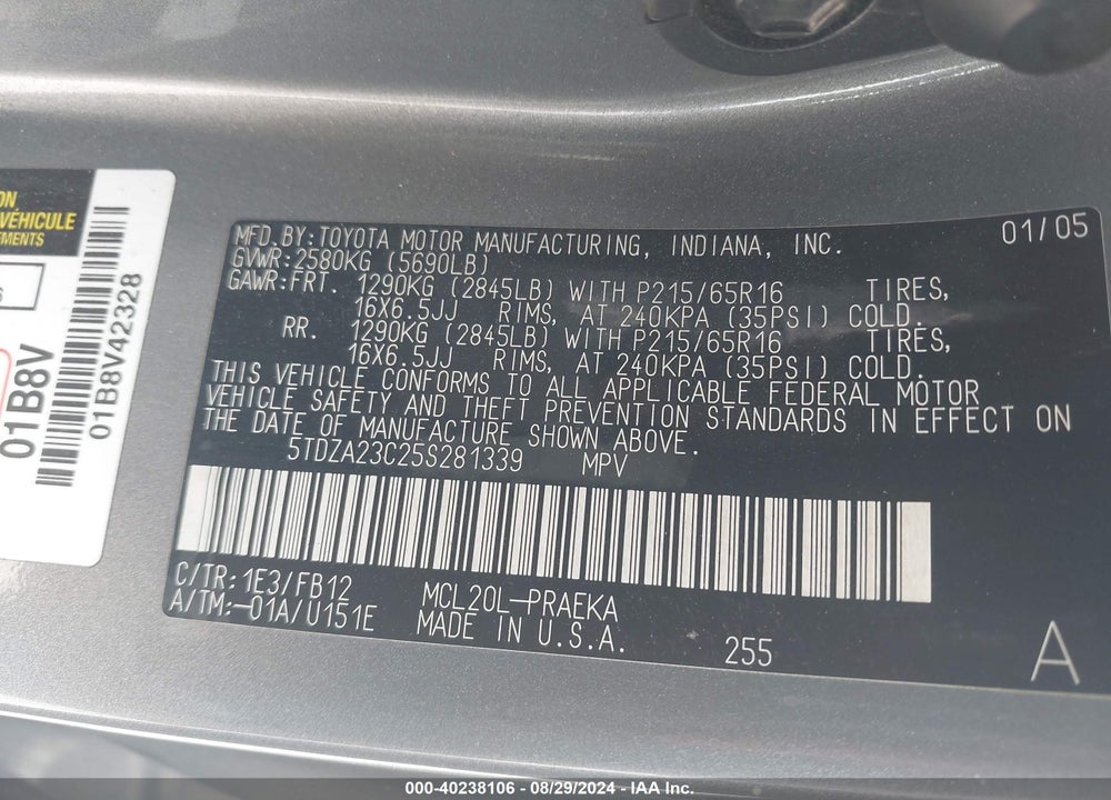 2005 TOYOTA SIENNA LE VIN: 5TDZA23C25S281339